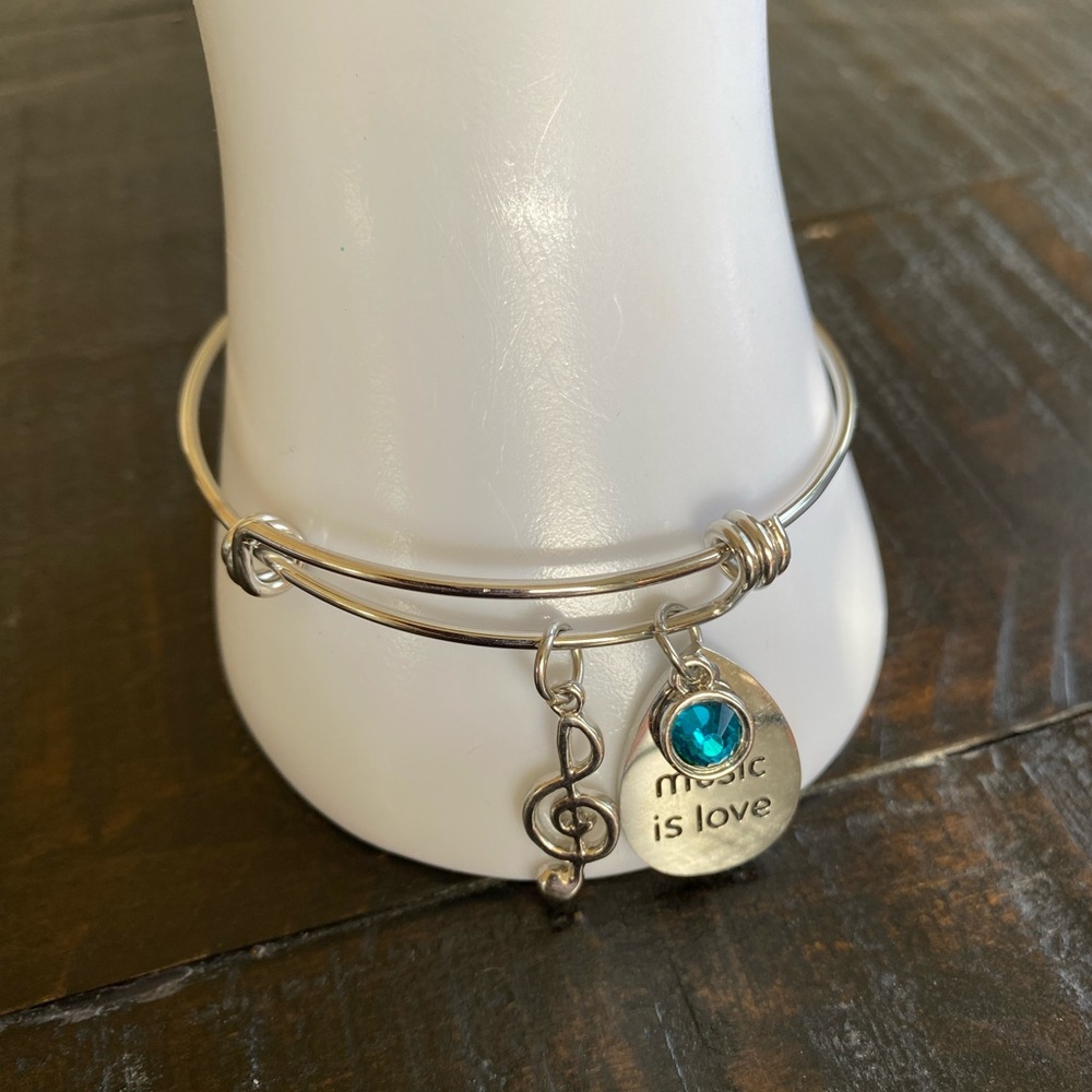 "Music Is Love" Silver-Tone Charm Bangle Bracelet with Teal Crystal